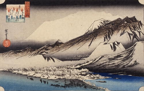 安藤広重作『近江八景 比良の暮雪』。雪化粧した比良山の山並みと、湖畔の冬景色が繊細に描かれた浮世絵。