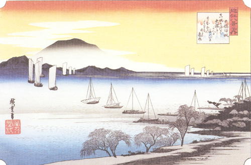 安藤広重『近江八景 矢橋の帰帆』、琵琶湖に浮かぶ帆掛け船と夕暮れの湖面