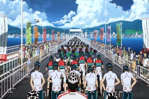 弱虫ペダル インターハイ開幕シーン。江ノ島大橋に並んだ選手たちの背中。